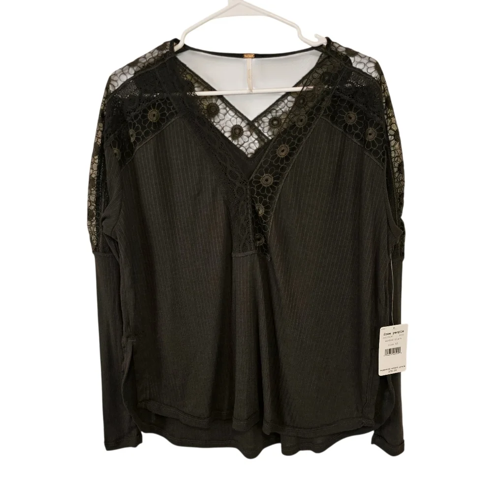 Free People Lola Waffle Knit Mesh Floral V-Neck Oversized Top